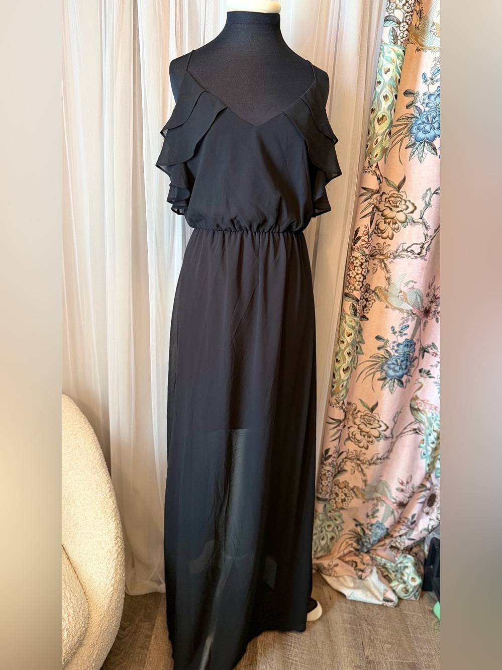 ee:some Black Ruffle Cold Shoulder Maxi Dress Size S Sheer Flowy